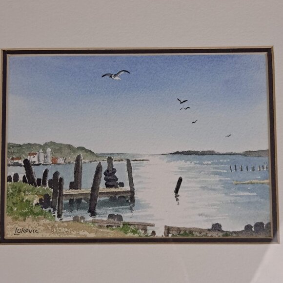 Watercolor Print Dock & Water Scene Gold Frame w/Glass Artist Signed Lukovic - Picture 2 of 7